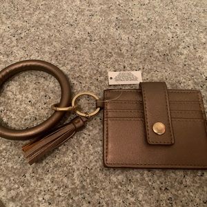 NEW Chico's Key Card Holder Wristlet Bronze Faux Leather Removable Bracelet NWT